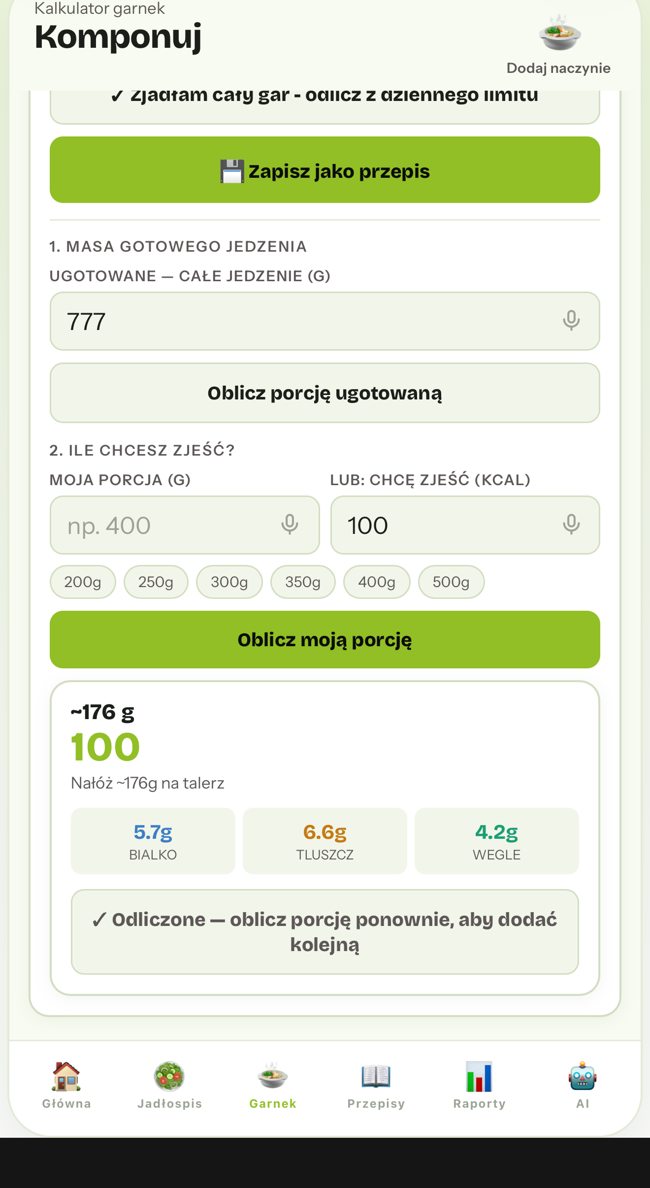 Ekran JEM PROSTO obliczający porcję z ugotowanego dania